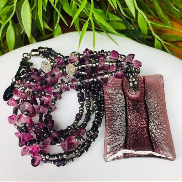 Designer Artisan CG Amethyst Purple Art Glass Necklace 4418 - Picture 1 of 9